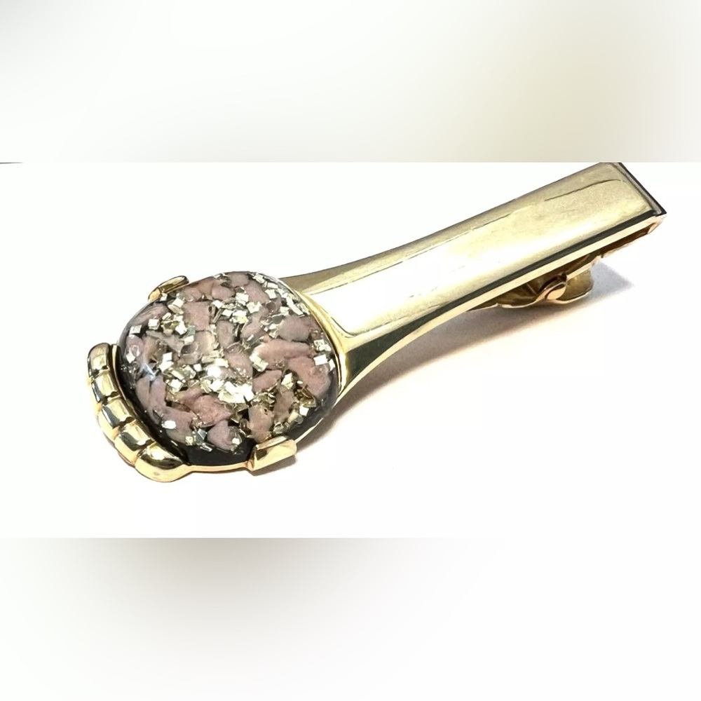 Vintage Retro Gold Tone Signed Anson Bar, Tie Clip Confetti Lucite Gold Flakes